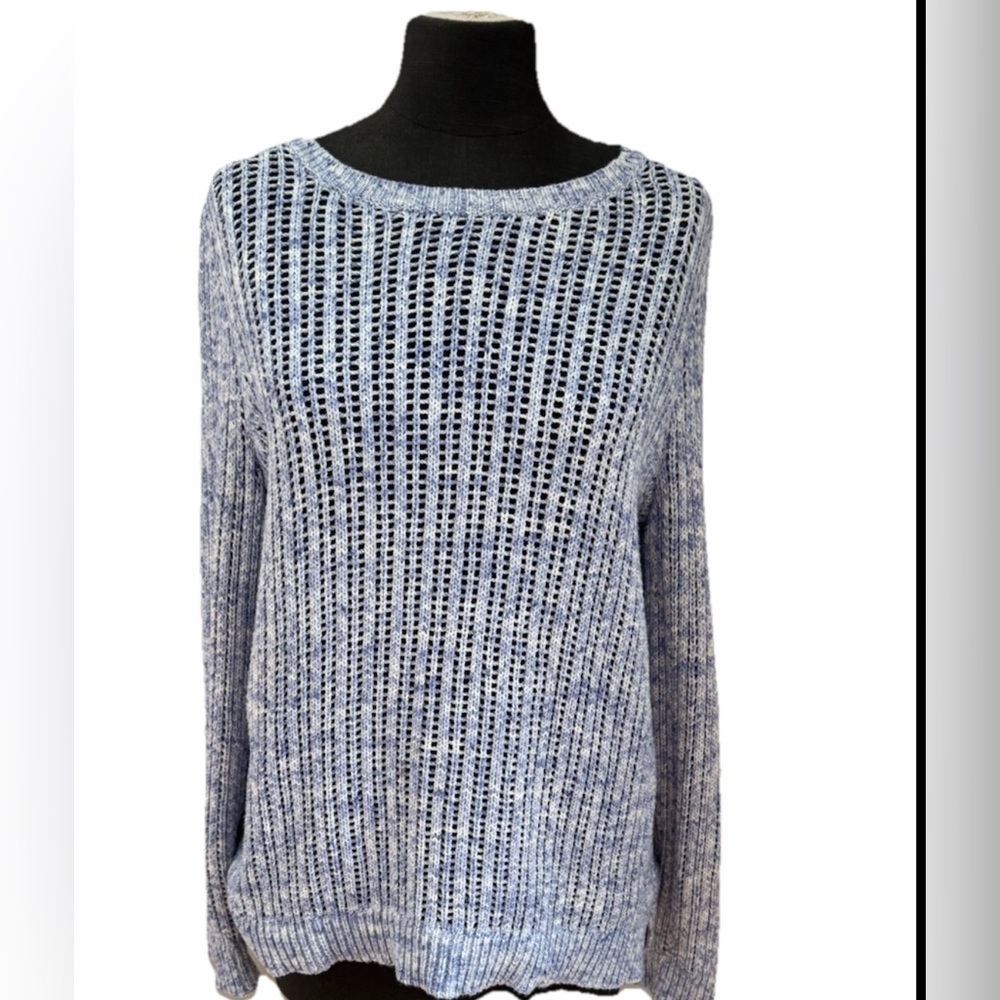Talbots 100% Cotton‎ Open Knit Chunky Blue And White Sweater, Size M, EUC